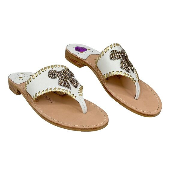Jack Rogers Women’s White Gold Thong Sandal 6.5 Sparkle Bow Rhinestone Fancy NEW - Picture 3 of 11